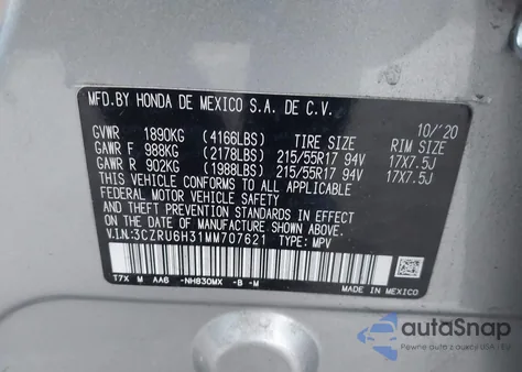 2021 Honda Hr-V Awd Lx z USA, uszkodzony, nr VIN 3CZRU6H31MM707621
